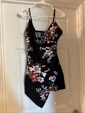 Floral Asymmetrical Slip Dress - Black with Plum & White Flowers